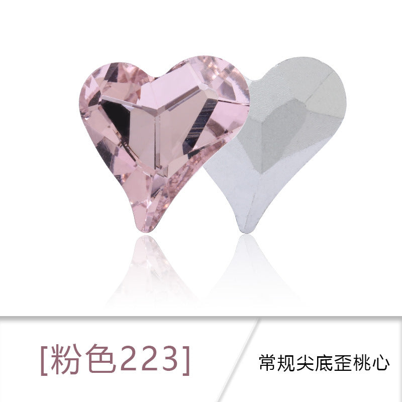 Crooked Peach Heart crystal pointed diamond base real silver plated base nail art rhinestone patch, shoe decorations, luggage, clothing accessories, crooked peach heart rhinestones