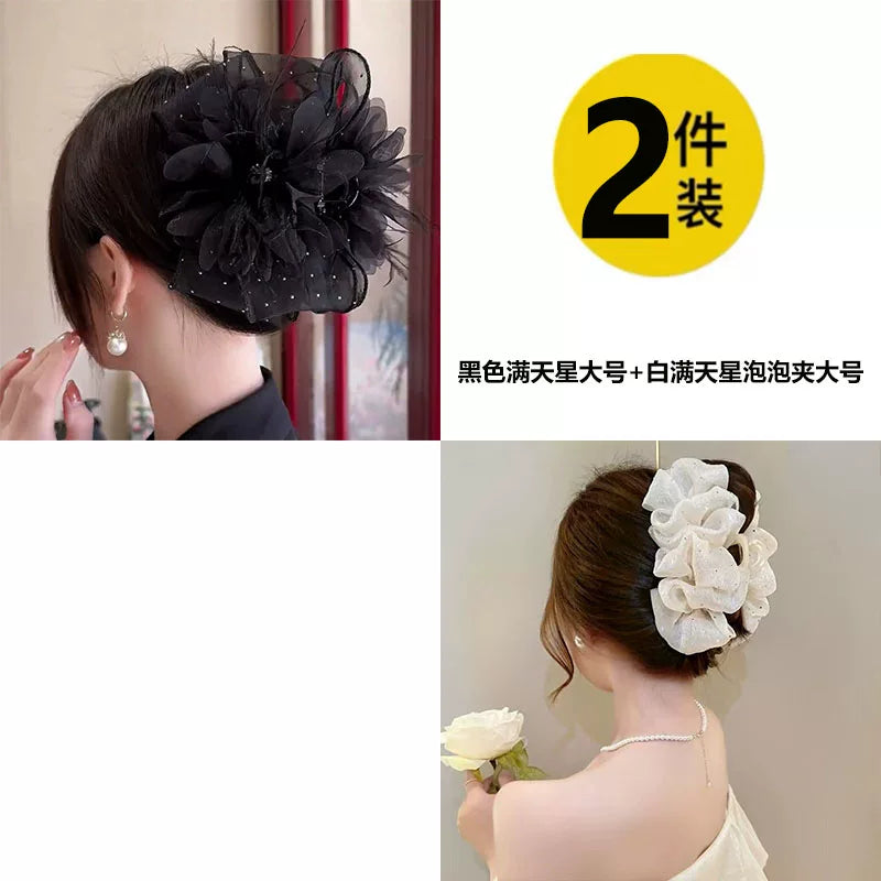 Korean high-end mesh bow claw clip for women, sophisticated and fashionable new back hair updo clip, shark clip