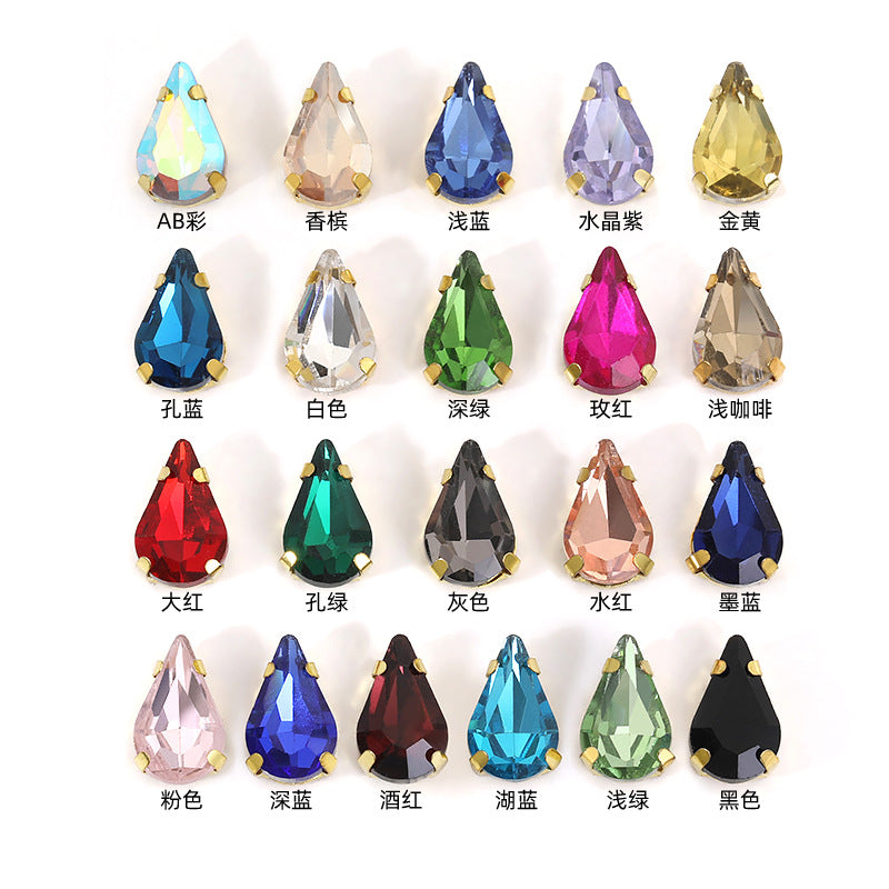 Gold-soled pointed waterdrop glass claw drill, standard cut shoe decorations, wedding dress accessories, crystal accessories, hand-stitched rhinestones with holes