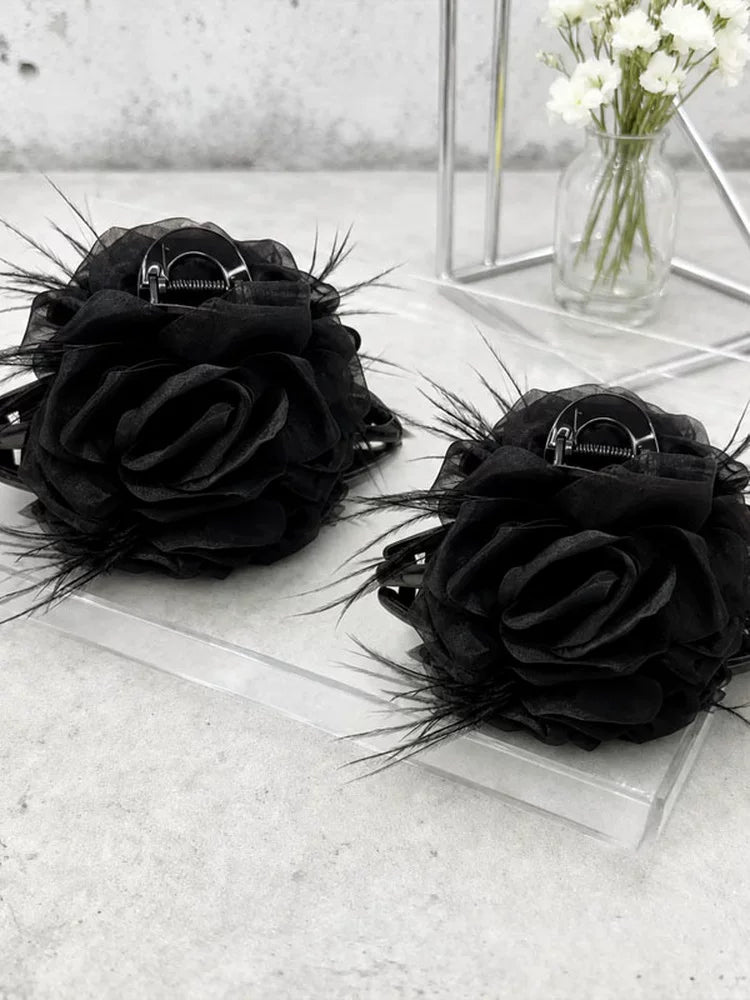 Large black mesh rose feather claw clip for women, sophisticated back hair clip, shark clip, fixed clip