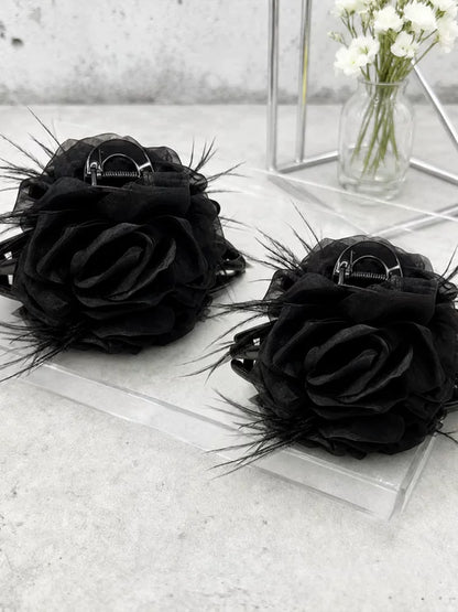 Large black mesh rose feather claw clip for women, sophisticated back hair clip, shark clip, fixed clip