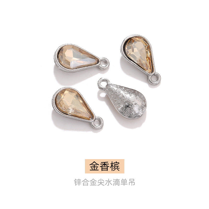 Zinc alloy pointed waterdrop pendant, crystal glass diamond DIY jewelry, earrings with diamond, single hanging glass waterdrop rhinestone