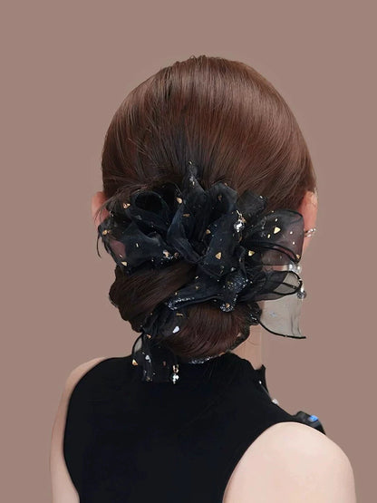 High-end rhinestone mesh bow hair tie for women, high hair volume, elastic sequins for accents, small pendants, hair tie hair accessories