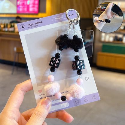 Handmade DIY Fur Ball Beaded Mobile Phone Chain Pendant Creative Car Bag Keychain Phone Case Accessories Charm