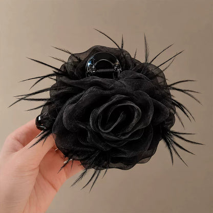 Large black mesh rose feather claw clip for women, sophisticated back hair clip, shark clip, fixed clip