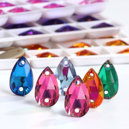 K9 Sew-On Teardrop Rhinestone - Double Hole Flat Bottom Perforated Hand Sew Stone for Wedding Dress Luggage Accessories