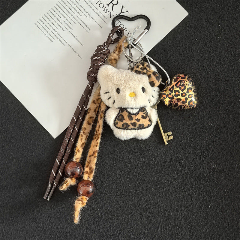 Creative cartoon plush leopard print love cat lanyard bag keychain pendant student school bag keychain pendant