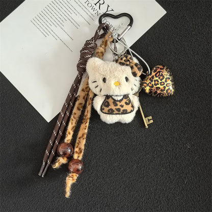 Creative cartoon plush leopard print love cat lanyard bag keychain pendant student school bag keychain pendant
