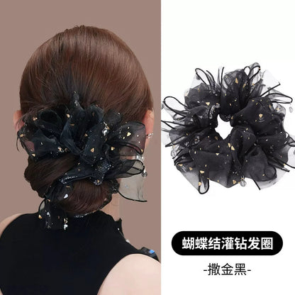 High-end rhinestone mesh bow hair tie for women, high hair volume, elastic sequins for accents, small pendants, hair tie hair accessories