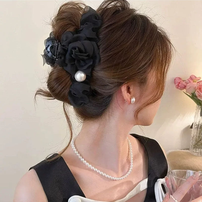 Mesh flower pearl hair grapple clip women's high-end sense 2026 new back of the head plate hairpin shark clip hair accessory