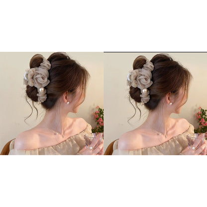 Mesh flower pearl hair grapple clip women's high-end sense 2026 new back of the head plate hairpin shark clip hair accessory