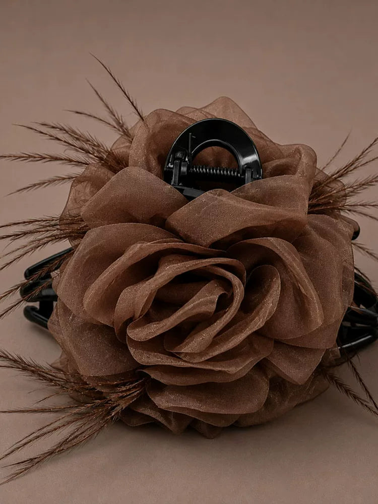 Coffee mesh claw clip for women, sophisticated rose feather hair clip, new style back hair updo, shark clip head floral style