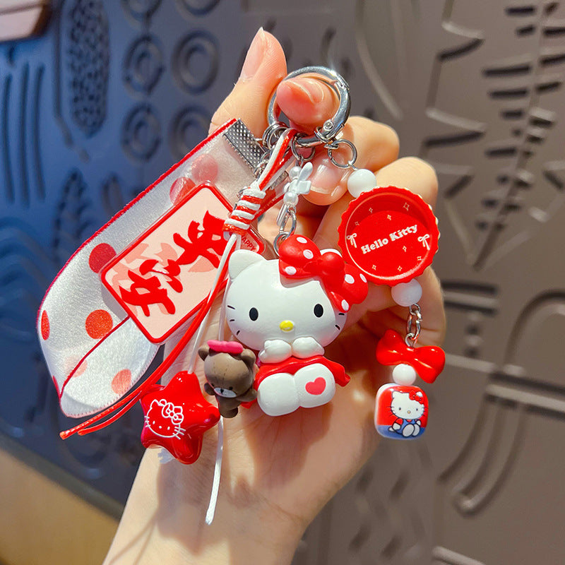 Handmade DIY Hello Kitty Cat Changing Baby Beaded Keychain Doll Pendant Cartoon KT Bag Doll Mobile Phone Chain Pendant