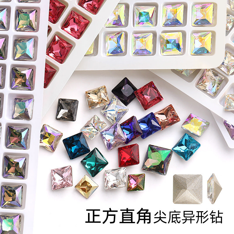 Cross-border hot-selling square right-angle high-top glass drill, special-shaped water rhinestone, DIY square pointed base diamond inlaid with diamond attachment materials