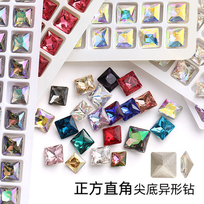 Cross-border hot-selling square right-angle high-top glass drill, special-shaped water rhinestone, DIY square pointed base diamond inlaid with diamond attachment materials