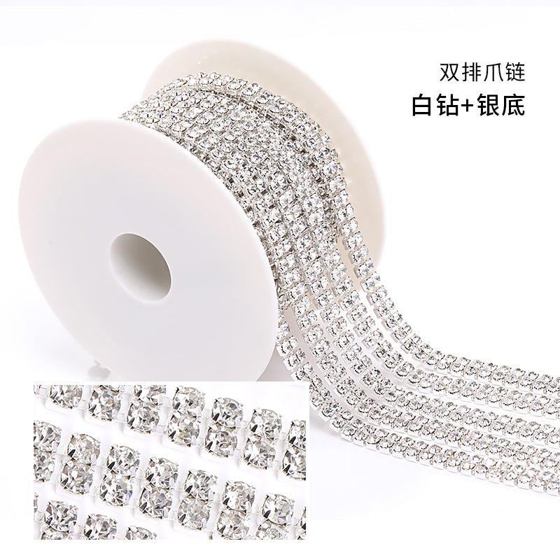 Cross-border new colorful double-row claw chain DIY accessories, diamond chains, gold and silver base, full roll diamond-mounted DIY clothing accessories