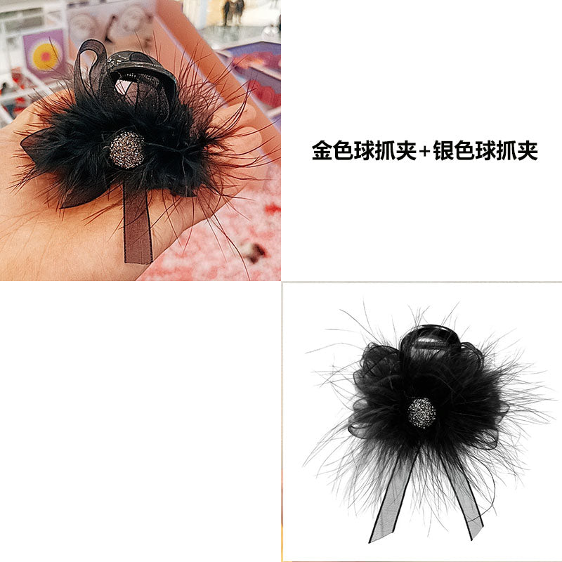Black feather claw clip for women, high-end 2026 new style, large size ostrich feather shark clip, back of head updo hair clip