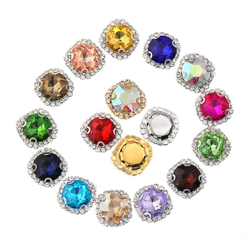 Gemstone flower edge claw drill with perforated holes, hand-sewn diamond, thickened gold base for clothing decoration accessories, gemstone flower crystal buckle