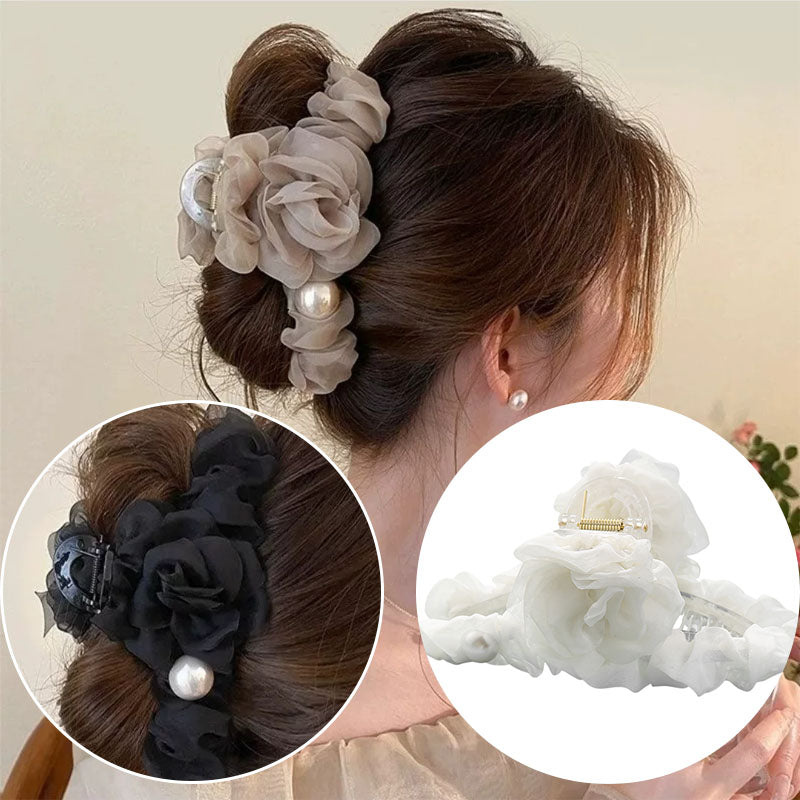 Mesh flower pearl hair grapple clip women's high-end sense 2026 new back of the head plate hairpin shark clip hair accessory