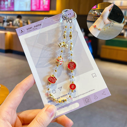 Handmade DIY New Year's Metal Beckoning Cat Beaded Mobile Phone Chain Pendant New Year Bag Keychain Charm Accessories