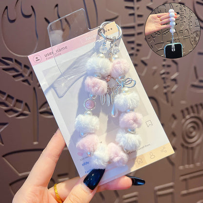 Handmade DIY Fur Ball Beaded Mobile Phone Chain Pendant Accessories Creative Car Bag Keychain High-end Sense Charm