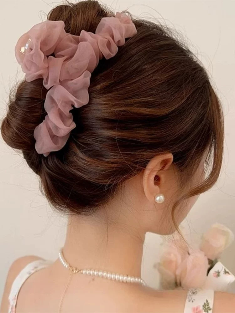 Korean Style Super Fairy Pleated Mesh Claw Clip for Women, 2026 New Large Shark Hair Clip at the Back of the Head, Updo Hair Clip