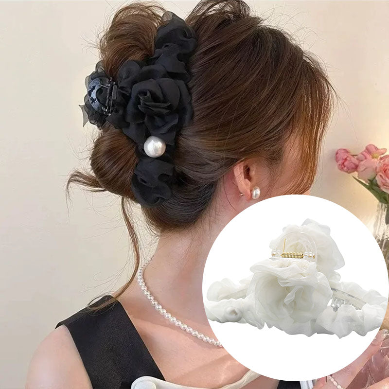 Mesh flower pearl hair grapple clip women's high-end sense 2026 new back of the head plate hairpin shark clip hair accessory
