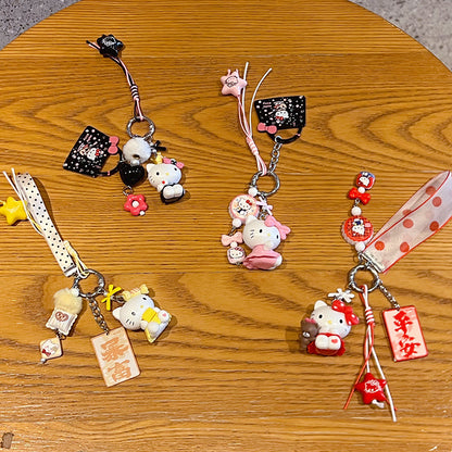 Handmade DIY Hello Kitty Cat Changing Baby Beaded Keychain Doll Pendant Cartoon KT Bag Doll Mobile Phone Chain Pendant