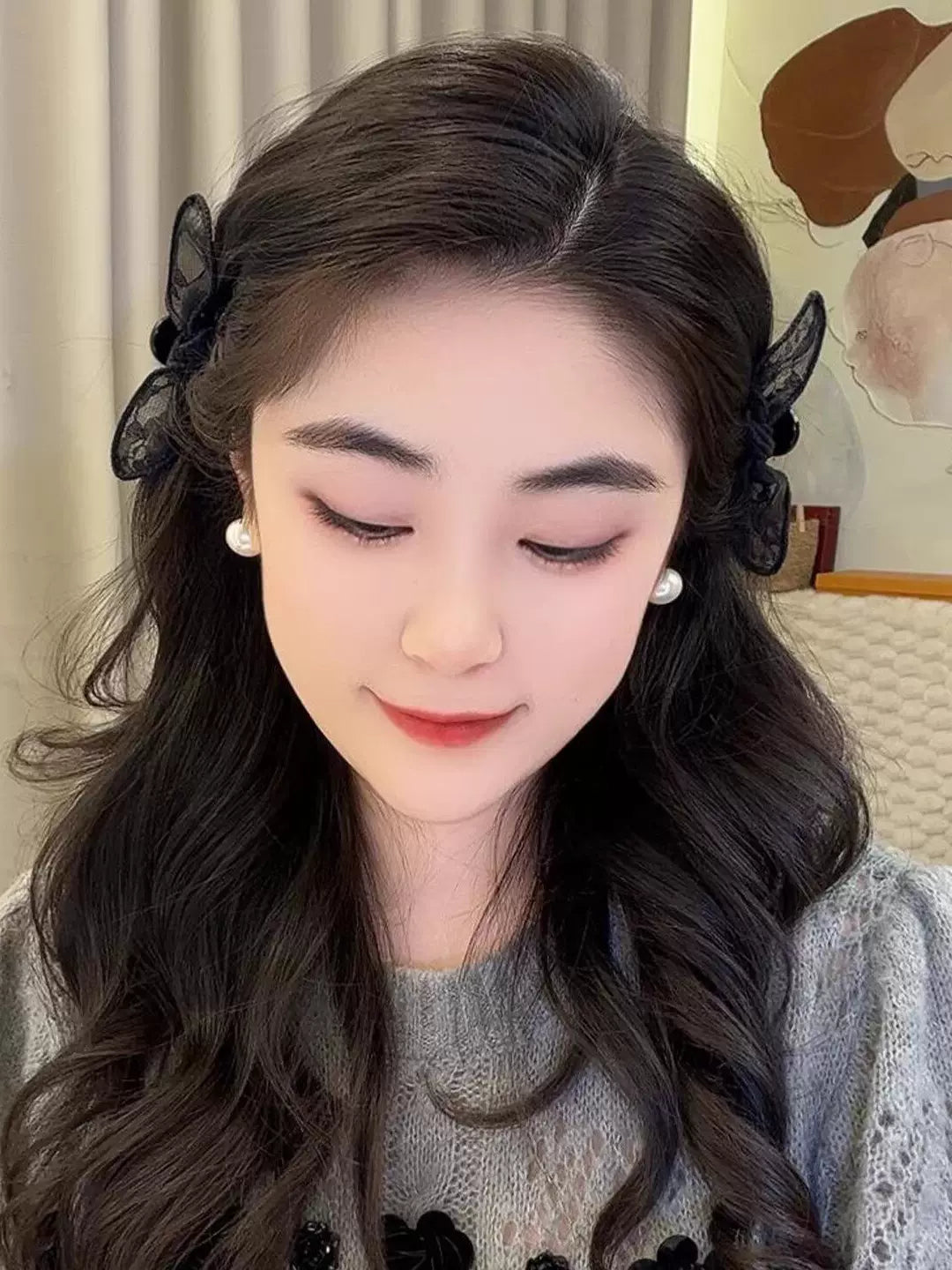 Black lace bow small claw clip for women, high-end bang clip, side clip, forehead hair clip, 2026 new headwear