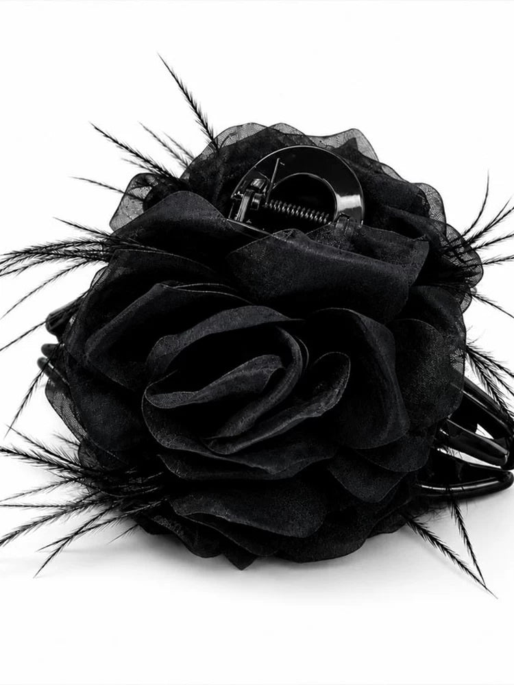 Coffee mesh claw clip for women, sophisticated rose feather hair clip, new style back hair updo, shark clip head floral style