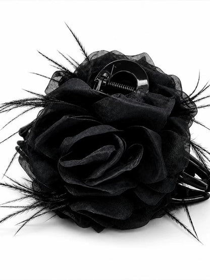 Coffee mesh claw clip for women, sophisticated rose feather hair clip, new style back hair updo, shark clip head floral style