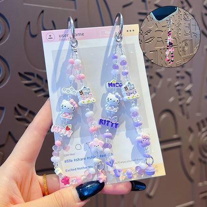 Handmade KT beaded alloy mobile phone chain pendant creative DIY Hello Kitty high-end sense bag keychain pendant