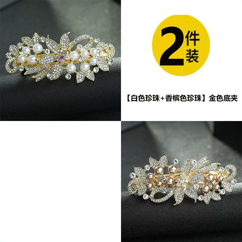 Elegant pearl rhinestone gold hair clip, new women's high-end flash rhinestone off-line spring clip, back hair updo