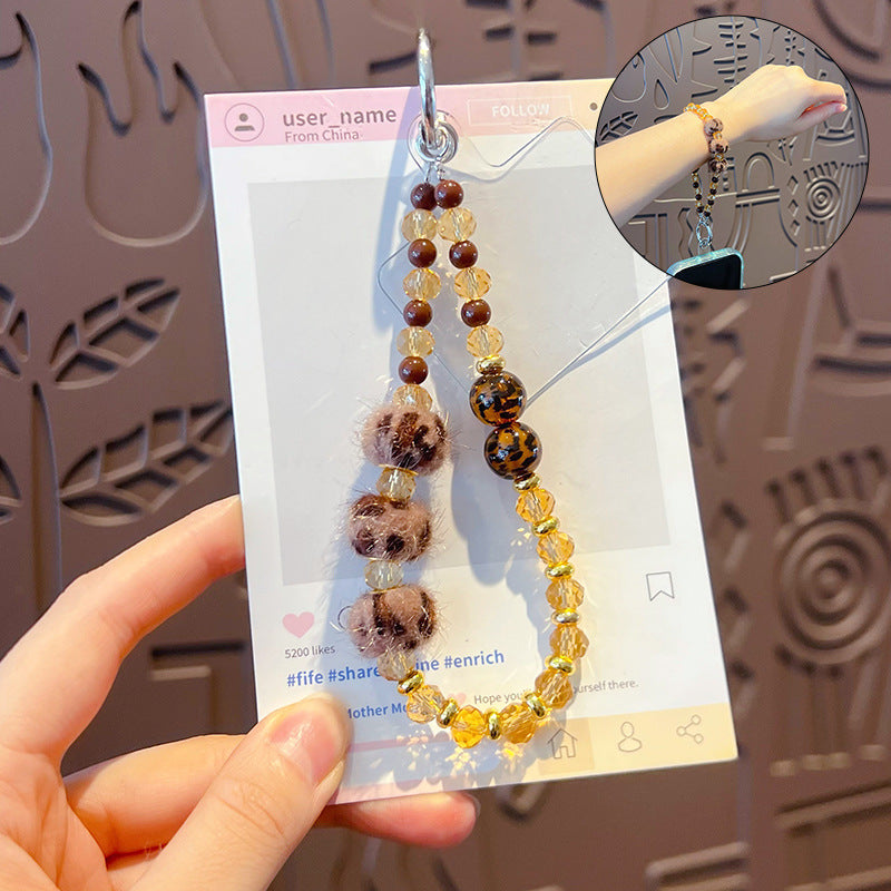 Creative DIY leopard print autumn and winter beaded mobile phone chain high-end keychain pendant women's ins car bag pendant