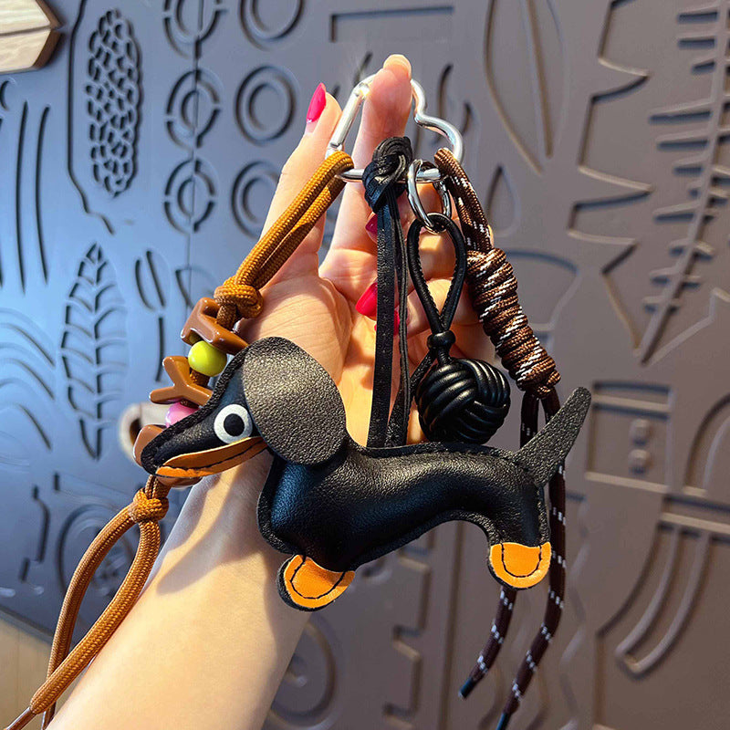 Creative simple miu PU leather dachshund puppy bracelet keychain bag pendant couple keychain pendant