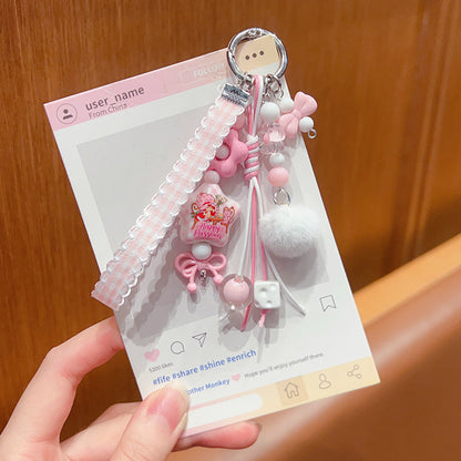 Handmade DIY Furball Beaded Mobile Phone Chain Pendant Cute ins Car Keychain Bag Doll Charm Accessories