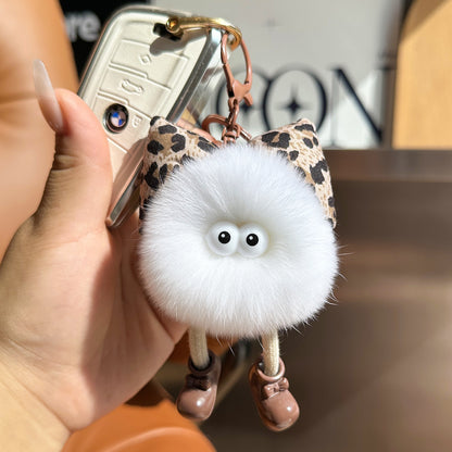 Wholesale Cute Leopard Print Bow Imitation Otter Rabbit Small Briquette Car Keychain Pendant Plush Pomball School Bag Charm