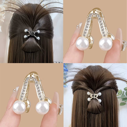 Short hair, awkward phase, half-bun, pearl small clip, high-end V-shaped hair clip at the back of the head, women's hair volume with little clip