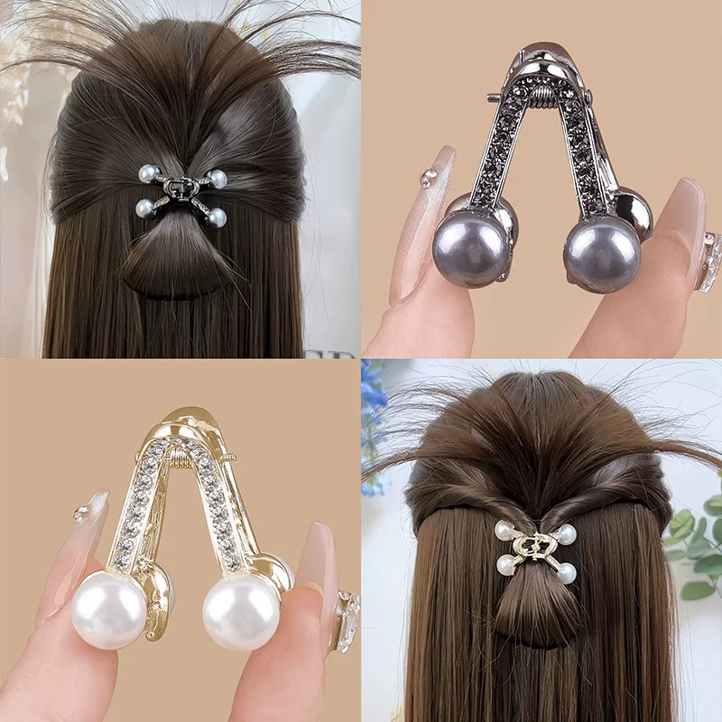 Short hair, awkward phase, half-bun, pearl small clip, high-end V-shaped hair clip at the back of the head, women's hair volume with little clip