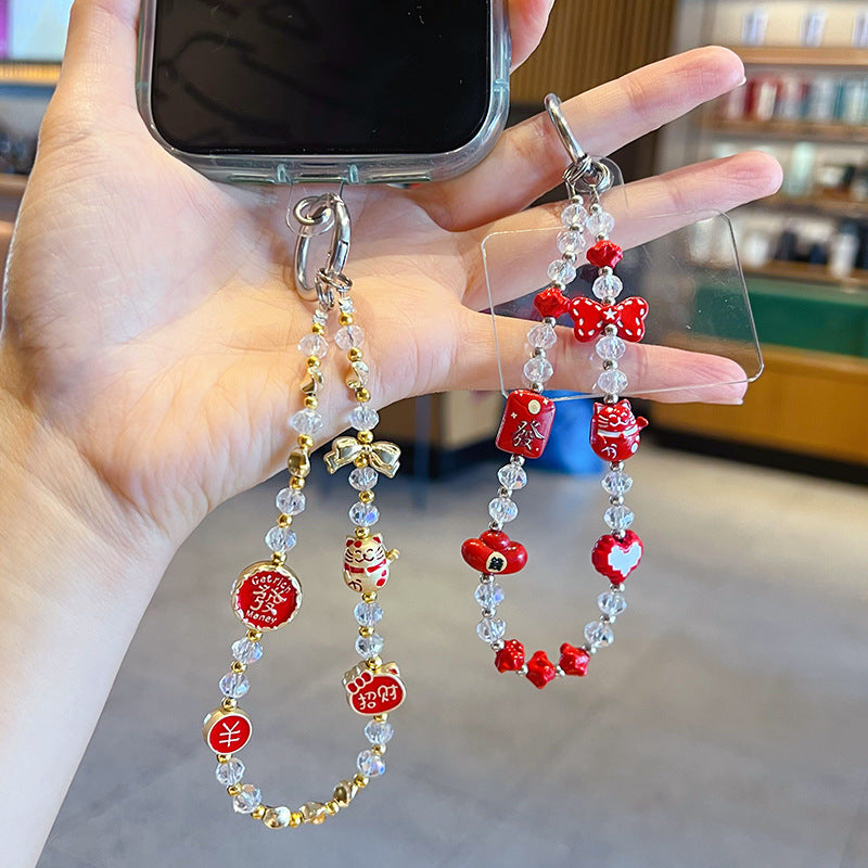 Handmade DIY New Year's Metal Beckoning Cat Beaded Mobile Phone Chain Pendant New Year Bag Keychain Charm Accessories