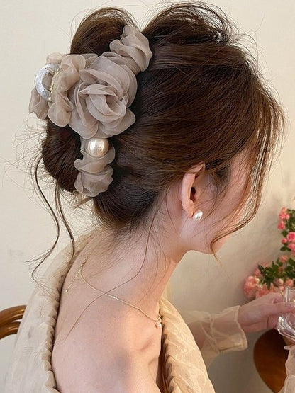 Mesh flower pearl hair grapple clip women's high-end sense 2026 new back of the head plate hairpin shark clip hair accessory