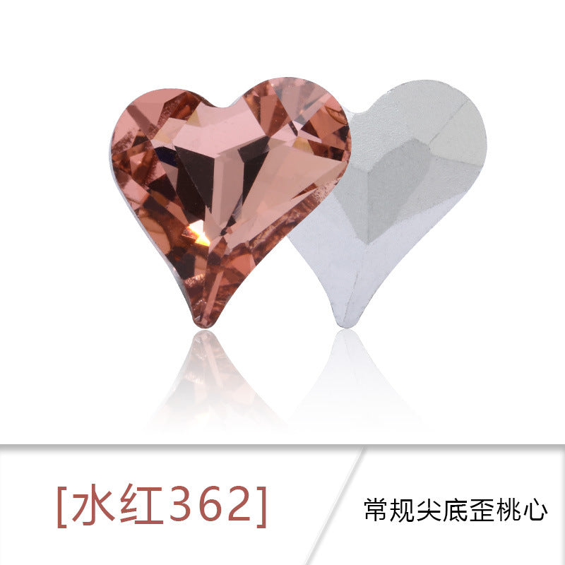 Crooked Peach Heart crystal pointed diamond base real silver plated base nail art rhinestone patch, shoe decorations, luggage, clothing accessories, crooked peach heart rhinestones