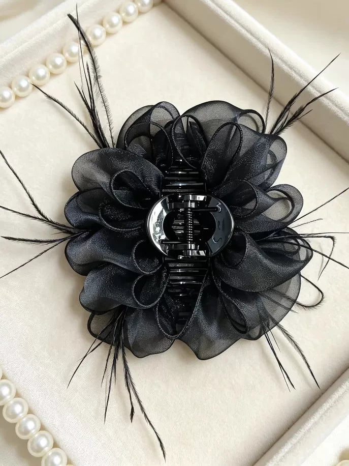 2026 New French Gentle Style Black Feather Organza Floral Claw Clip Elegant Shark Clamp High-End Headwear