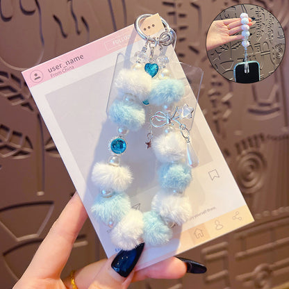Handmade DIY Fur Ball Beaded Mobile Phone Chain Pendant Accessories Creative Car Bag Keychain High-end Sense Charm