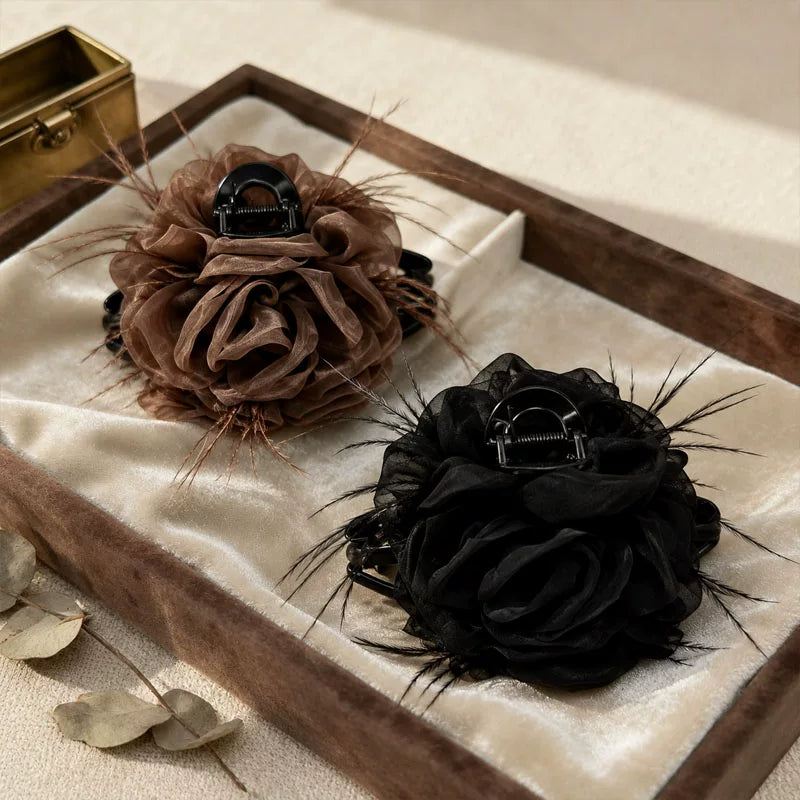 Large black mesh rose feather claw clip for women, sophisticated back hair clip, shark clip, fixed clip