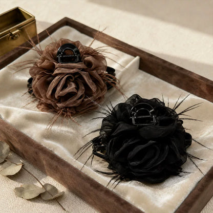 Large black mesh rose feather claw clip for women, sophisticated back hair clip, shark clip, fixed clip