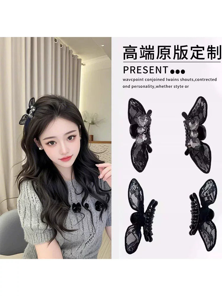 Black lace bow small claw clip for women, high-end bang clip, side clip, forehead hair clip, 2026 new headwear