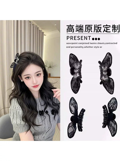Black lace bow small claw clip for women, high-end bang clip, side clip, forehead hair clip, 2026 new headwear
