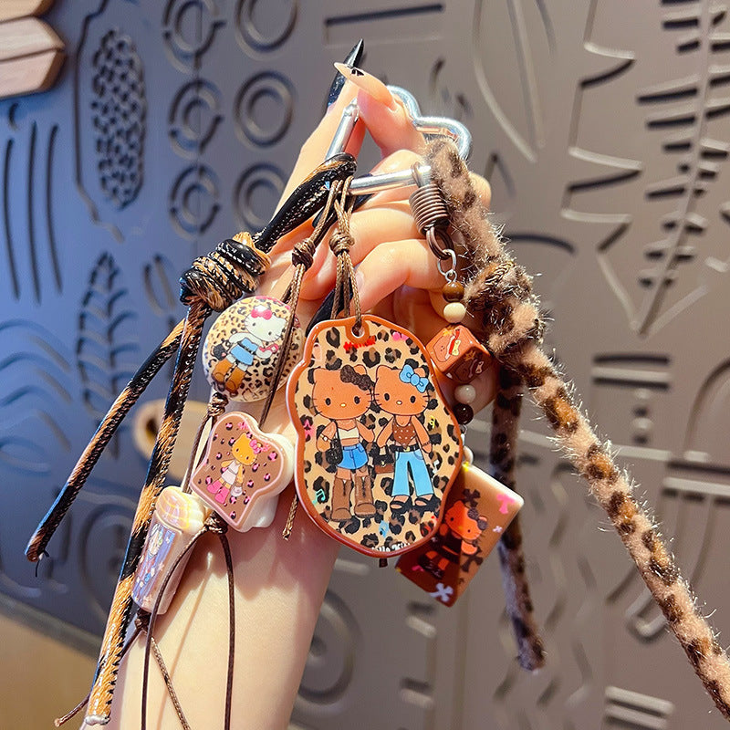 Handmade DIY Maillard leopard print bracelet keychain pendant plush beaded miu bag keychain small pendant