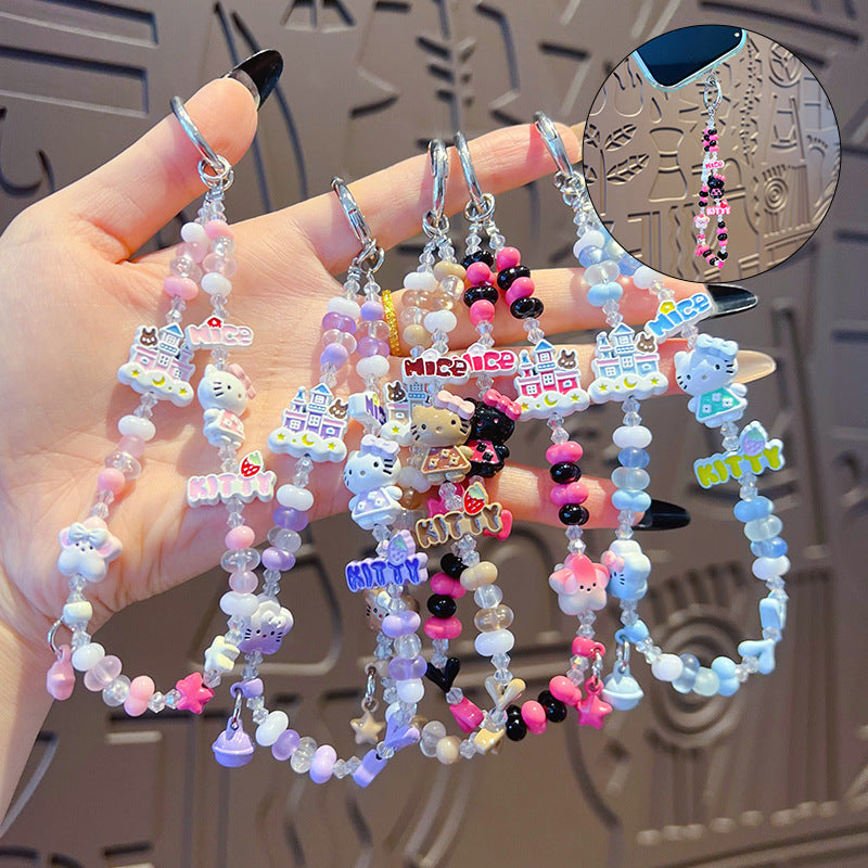 Handmade KT beaded alloy mobile phone chain pendant creative DIY Hello Kitty high-end sense bag keychain pendant